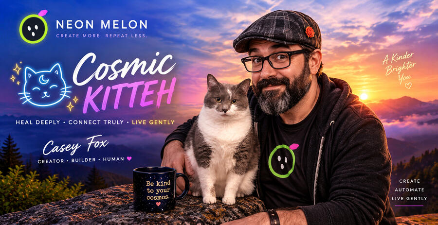 Casey Fox with his cat in a Cosmic Kitteh scene
