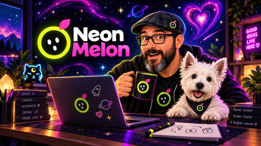Casey Fox with Sophie in a colorful Neon Melon creative studio