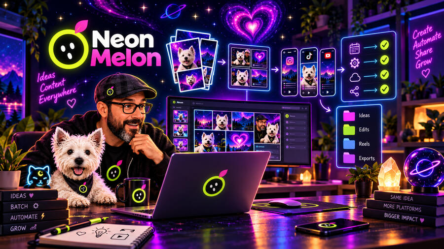 Neon Melon creative automation workflow showing media moving through creation and publishing